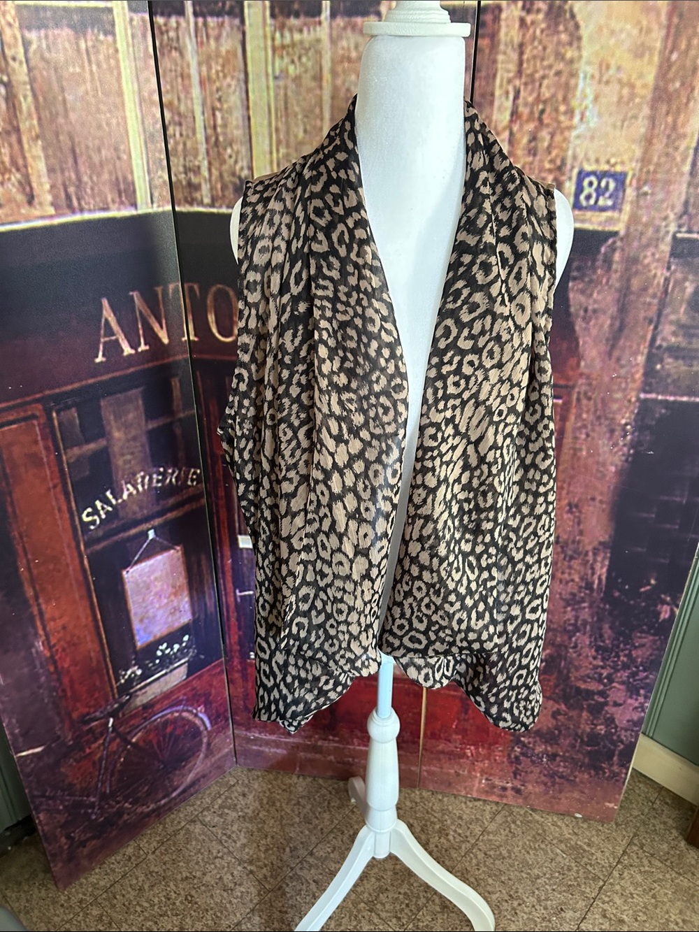 Leopard Print Open Front Vest - Taupe/Black